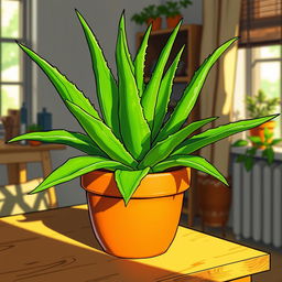 A vibrant and detailed illustration of an aloe vera plant with thick, lush green leaves, featuring serrated edges and a glossy texture