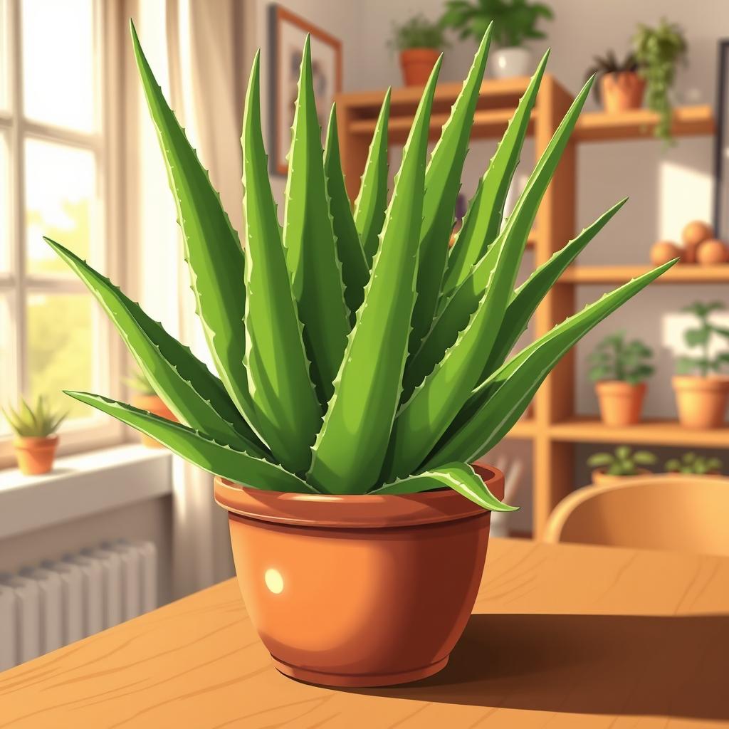 A vibrant and detailed illustration of an aloe vera plant with thick, lush green leaves, featuring serrated edges and a glossy texture