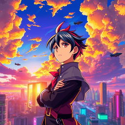 An anime scene showcasing a vibrant city skyline at sunset, with futuristic elements such as neon lights and flying cars