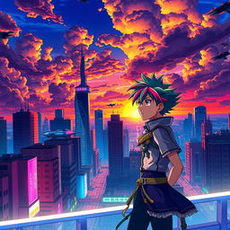 An anime scene showcasing a vibrant city skyline at sunset, with futuristic elements such as neon lights and flying cars