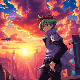 An anime scene showcasing a vibrant city skyline at sunset, with futuristic elements such as neon lights and flying cars