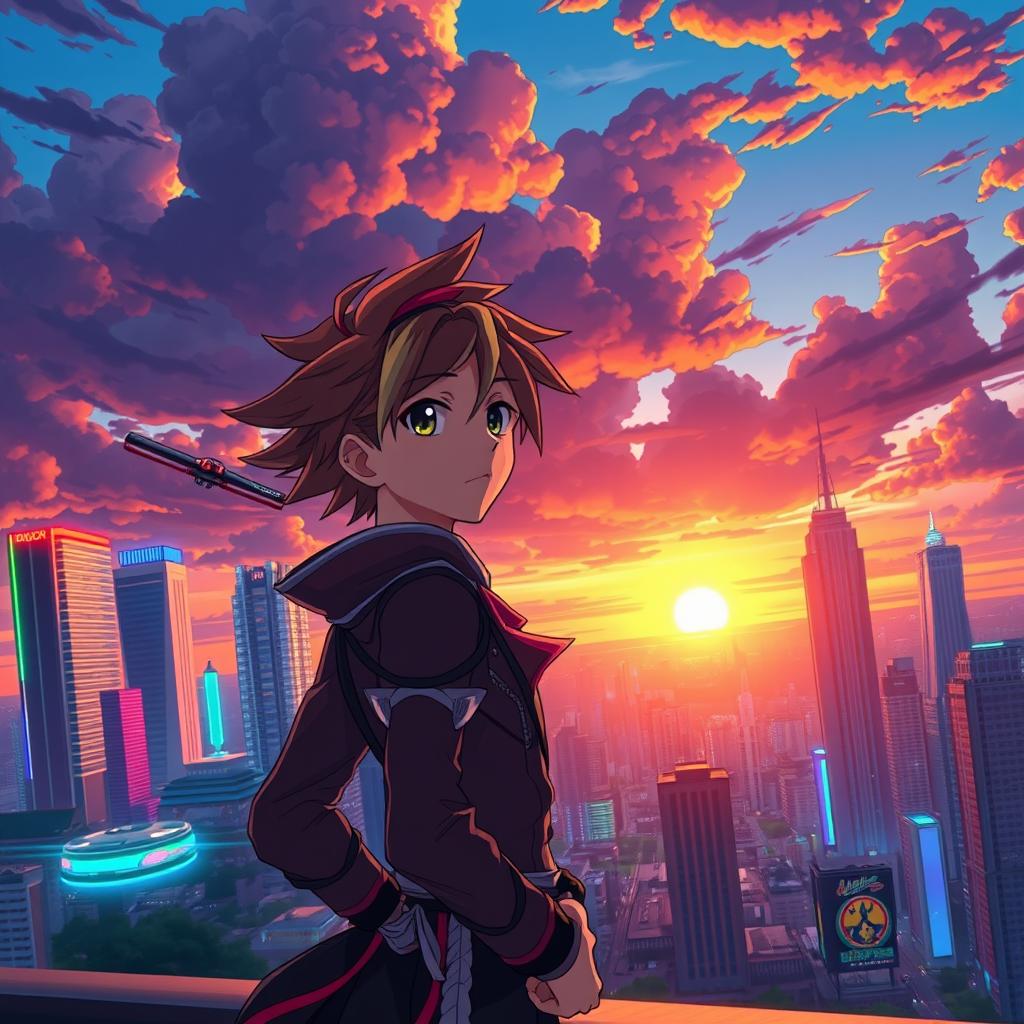 An anime scene showcasing a vibrant city skyline at sunset, with futuristic elements such as neon lights and flying cars