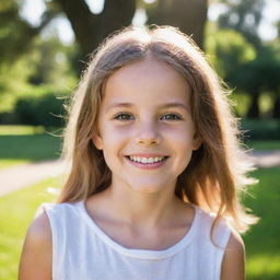 A portrait of a young girl, smiling brightly with eyes full of curiosity and innocence, in a backdrop of a sunlit park full of greenery.