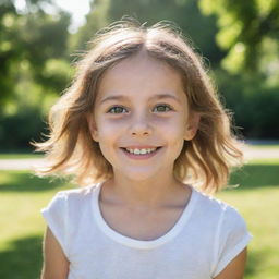 A portrait of a young girl, smiling brightly with eyes full of curiosity and innocence, in a backdrop of a sunlit park full of greenery.