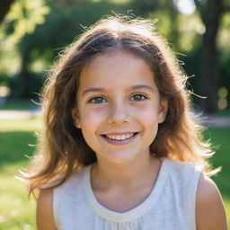 A portrait of a young girl, smiling brightly with eyes full of curiosity and innocence, in a backdrop of a sunlit park full of greenery.