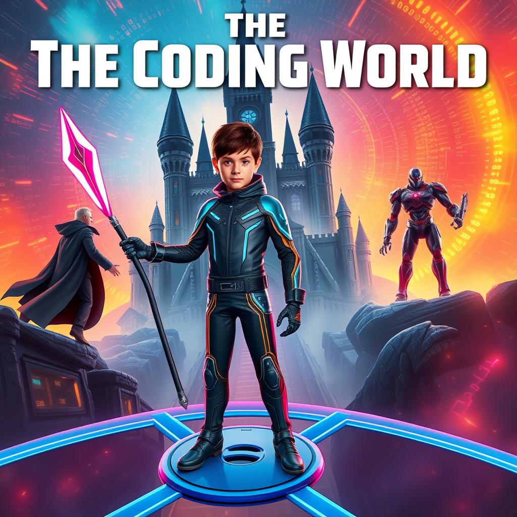 A mature-looking 15-year-old boy dressed in a sleek, high-tech suit stands on a circular blue glider, confidently holding a futuristic spear in his right hand designed to destroy code monsters