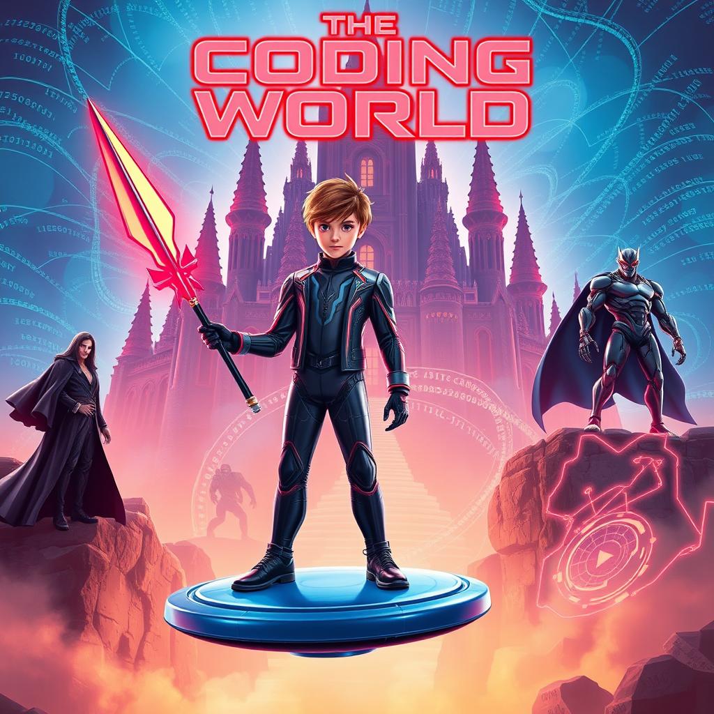 A mature-looking 15-year-old boy dressed in a sleek, high-tech suit stands on a circular blue glider, confidently holding a futuristic spear in his right hand designed to destroy code monsters