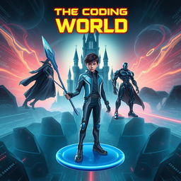 A mature-looking 15-year-old boy dressed in a sleek, high-tech suit stands on a circular blue glider, confidently holding a futuristic spear in his right hand designed to destroy code monsters