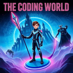 A mature-looking 15-year-old boy dressed in a sleek, high-tech suit stands on a circular blue glider, confidently holding a futuristic spear in his right hand designed to destroy code monsters