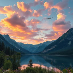 A breathtaking landscape view showcasing a serene lake surrounded by majestic mountains under a vibrant sunset sky, with fluffy clouds painted in shades of pink and orange