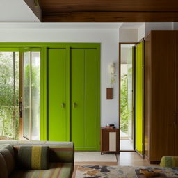 A modern yet retro-style living and dining room area boasting vibrantly green doors and windows, rich wooden closets and cabinets paired with stylishly comfortable sofas.