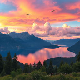 A breathtaking landscape view showcasing a serene lake surrounded by majestic mountains under a vibrant sunset sky, with fluffy clouds painted in shades of pink and orange