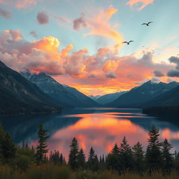 A breathtaking landscape view showcasing a serene lake surrounded by majestic mountains under a vibrant sunset sky, with fluffy clouds painted in shades of pink and orange