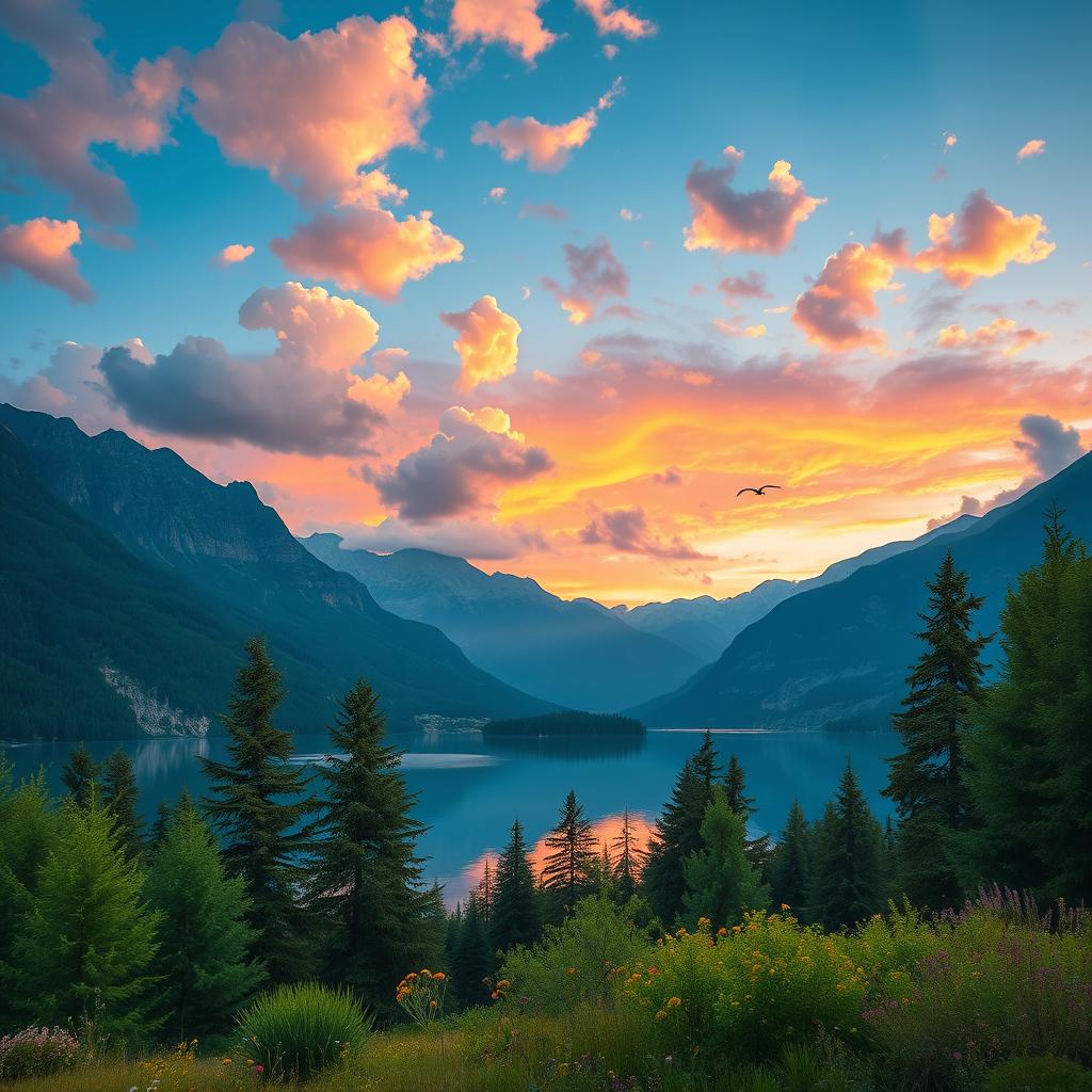 A breathtaking landscape view showcasing a serene lake surrounded by majestic mountains under a vibrant sunset sky, with fluffy clouds painted in shades of pink and orange