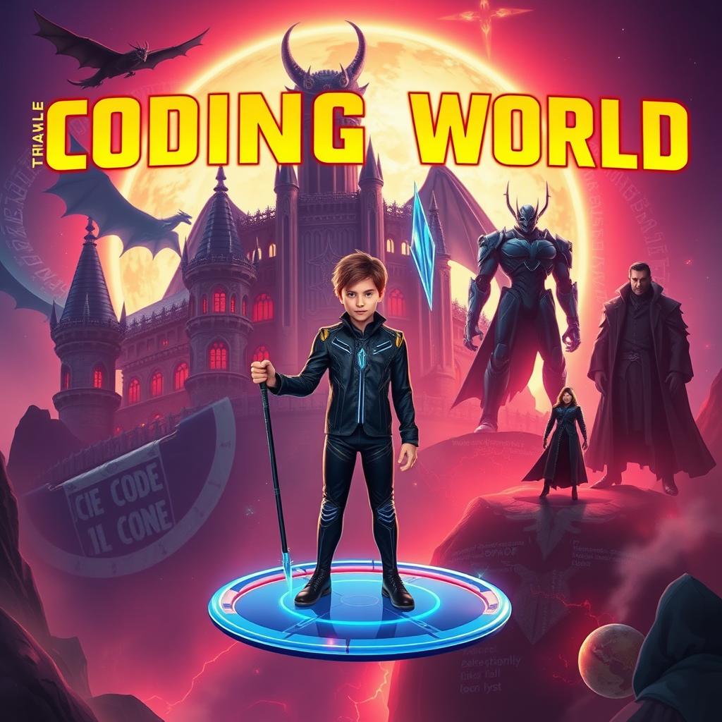 A mature-looking 15-year-old boy dressed in a sleek, high-tech suit stands on a circular blue glider, confidently holding a futuristic spear in his right hand, which is capable of destroying code monsters