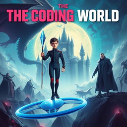 A mature-looking 15-year-old boy dressed in a sleek, high-tech suit stands on a circular blue glider, confidently holding a futuristic spear in his right hand, which is capable of destroying code monsters