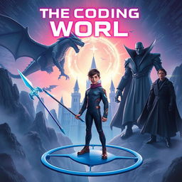 A mature-looking 15-year-old boy dressed in a sleek, high-tech suit stands on a circular blue glider, confidently holding a futuristic spear in his right hand, which is capable of destroying code monsters