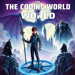 A mature-looking 15-year-old boy dressed in a sleek, high-tech suit stands on a circular blue glider, confidently holding a futuristic spear in his right hand, which is capable of destroying code monsters