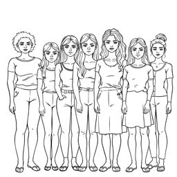 A realistic line art illustration of several women and young girls of various body sizes, ages, and skin colors standing together in a serious manner