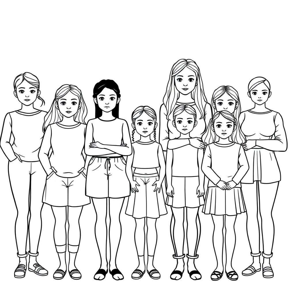 A realistic line art illustration of several women and young girls of various body sizes, ages, and skin colors standing together in a serious manner