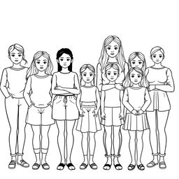 A realistic line art illustration of several women and young girls of various body sizes, ages, and skin colors standing together in a serious manner