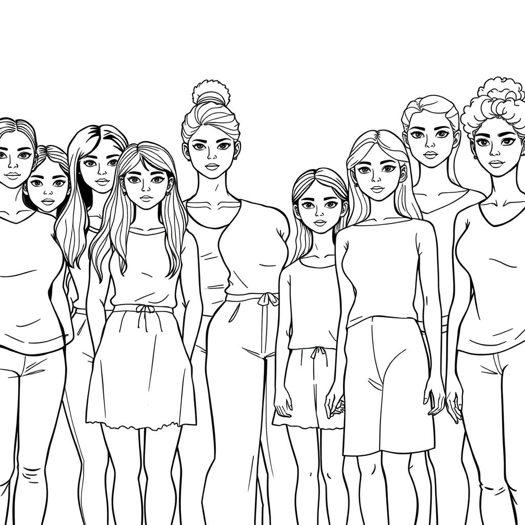 A realistic line art illustration of several women and young girls of various body sizes, ages, and skin colors standing together in a serious manner