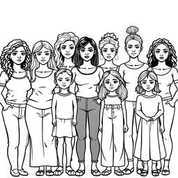 A realistic line art illustration of several women and young girls of various body sizes, ages, and skin colors standing together in a serious manner