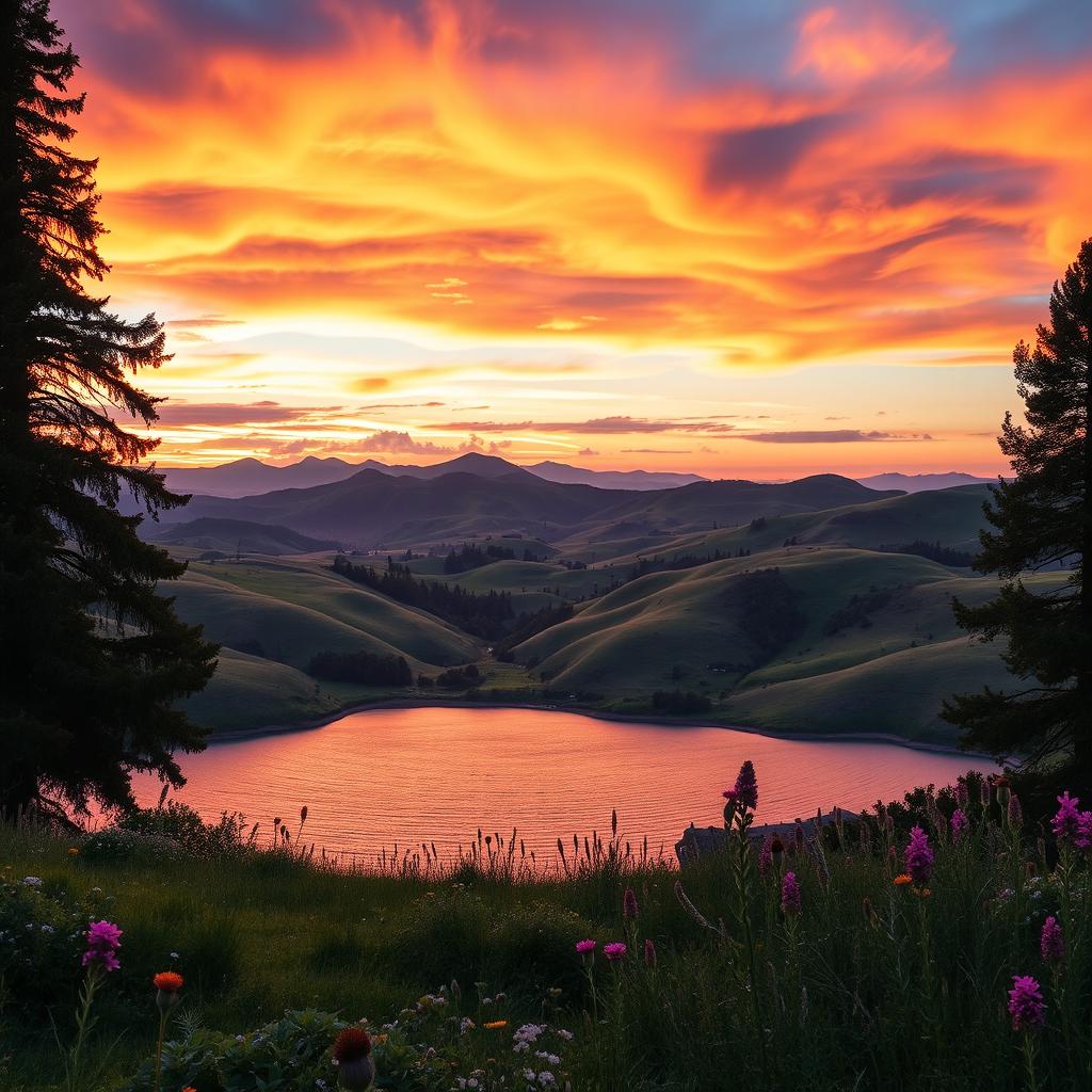 A breathtaking landscape scene showcasing rolling hills under a vibrant sunset sky, with colorful clouds reflecting various shades of orange, pink, and purple