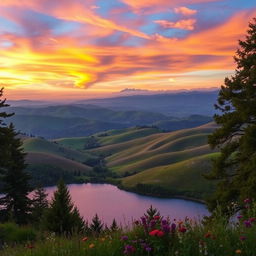 A breathtaking landscape scene showcasing rolling hills under a vibrant sunset sky, with colorful clouds reflecting various shades of orange, pink, and purple