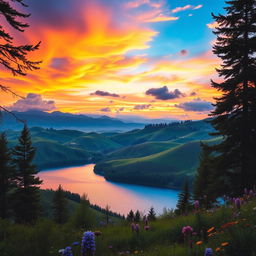 A breathtaking landscape scene showcasing rolling hills under a vibrant sunset sky, with colorful clouds reflecting various shades of orange, pink, and purple