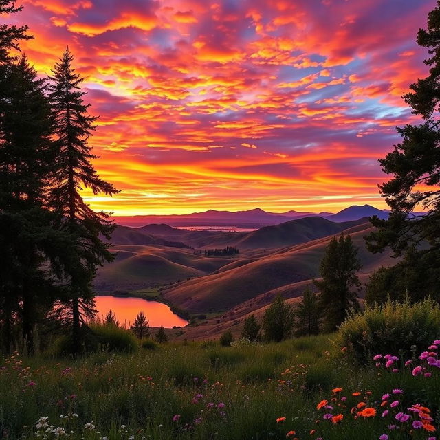 A breathtaking landscape scene showcasing rolling hills under a vibrant sunset sky, with colorful clouds reflecting various shades of orange, pink, and purple