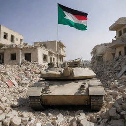 A formidable military tank stationary over the rubble of a destroyed house, contrasted by the resilient Palestinian flag waving in the background.