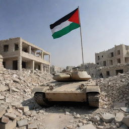 A formidable military tank stationary over the rubble of a destroyed house, contrasted by the resilient Palestinian flag waving in the background.