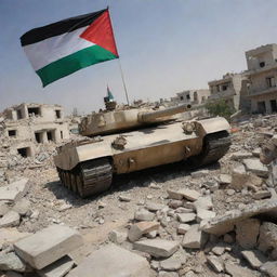 A formidable military tank stationary over the rubble of a destroyed house, contrasted by the resilient Palestinian flag waving in the background.