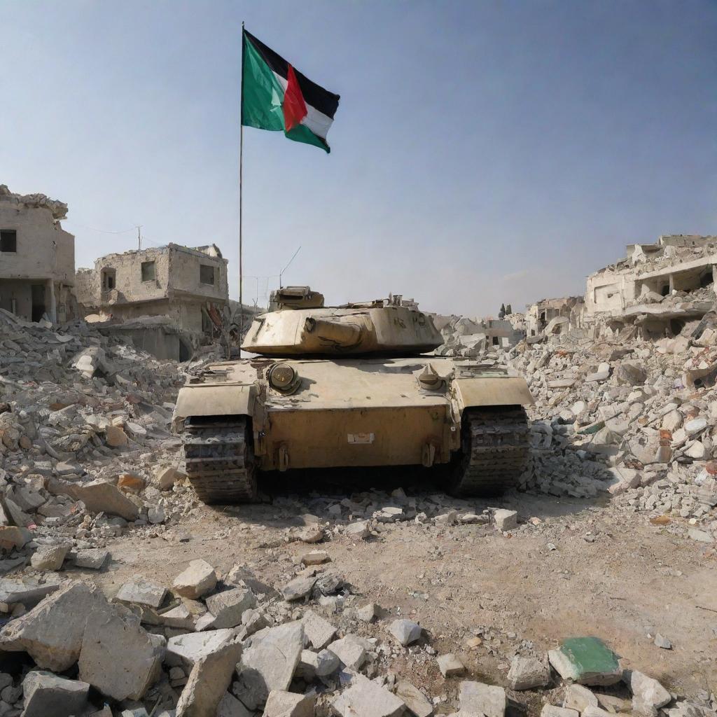 A formidable military tank stationary over the rubble of a destroyed house, contrasted by the resilient Palestinian flag waving in the background.