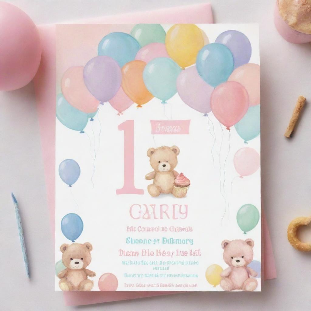 An adorable, pastel-colored 1st birthday invitation card featuring the name 'Carly' with playful elements like cupcakes, balloons, teddy bears and number '1' all in a girly theme