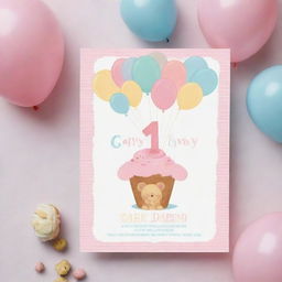 An adorable, pastel-colored 1st birthday invitation card featuring the name 'Carly' with playful elements like cupcakes, balloons, teddy bears and number '1' all in a girly theme