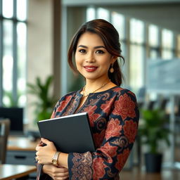 A beautiful Indonesian woman with an attractive figure, elegantly dressed in a traditional batik outfit, standing confidently with a background of a modern office environment