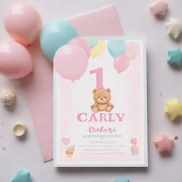 An adorable, pastel-colored 1st birthday invitation card featuring the name 'Carly' with playful elements like cupcakes, balloons, teddy bears and number '1' all in a girly theme