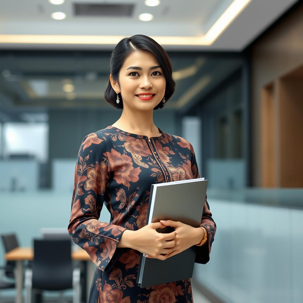 A beautiful Indonesian woman with an attractive figure, elegantly dressed in a traditional batik outfit, standing confidently with a background of a modern office environment