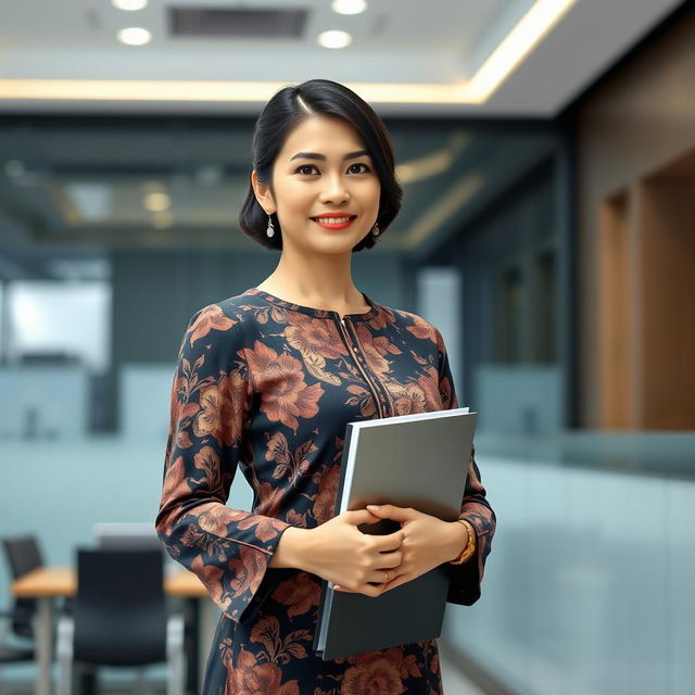 A beautiful Indonesian woman with an attractive figure, elegantly dressed in a traditional batik outfit, standing confidently with a background of a modern office environment