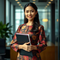 A beautiful Indonesian woman with an attractive figure, elegantly dressed in a traditional batik outfit, standing confidently with a background of a modern office environment