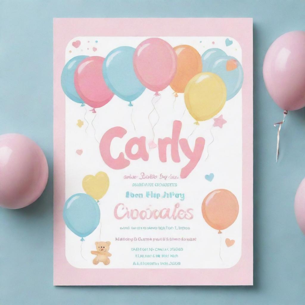 An adorable, pastel-colored 1st birthday invitation card featuring the name 'Carly' with playful elements like cupcakes, balloons, teddy bears and number '1' all in a girly theme