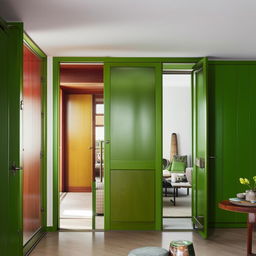 A modern yet retro-style living and dining room area boasting vibrantly green doors and windows, rich wooden closets and cabinets paired with stylishly comfortable sofas.