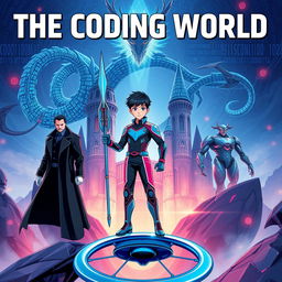 A mature-looking 15-year-old boy stands confidently on a circular blue glider, holding a futuristic spear that can destroy code monsters in his right hand