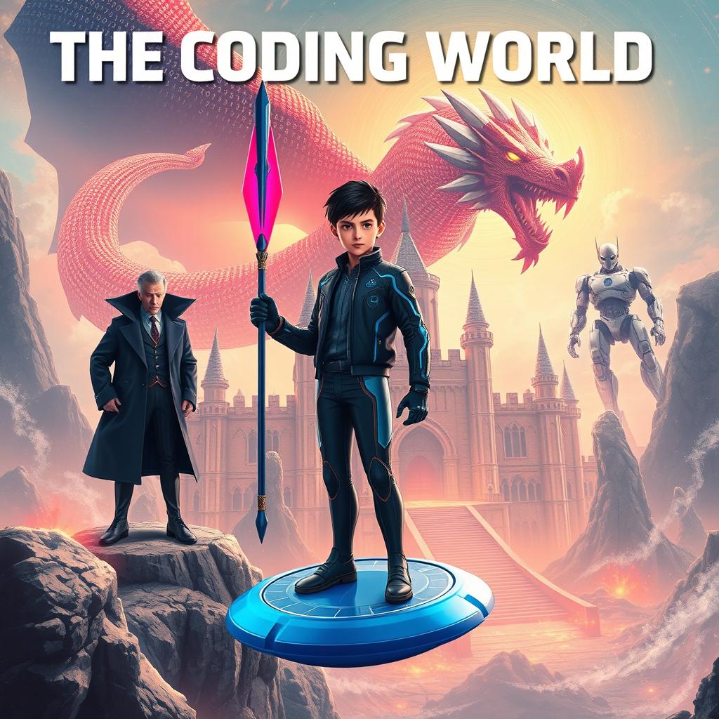 A mature-looking 15-year-old boy stands confidently on a circular blue glider, holding a futuristic spear that can destroy code monsters in his right hand