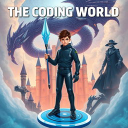 A mature-looking 15-year-old boy stands confidently on a circular blue glider, holding a futuristic spear that can destroy code monsters in his right hand