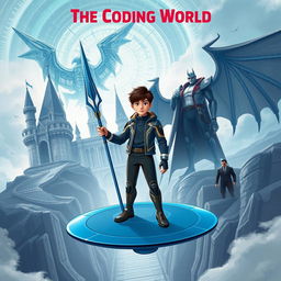 A mature-looking 15-year-old boy stands confidently on a circular blue glider, holding a futuristic spear that can destroy code monsters in his right hand