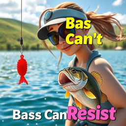 A captivating 3D animated image of a woman fishing for bass at a scenic lakeside