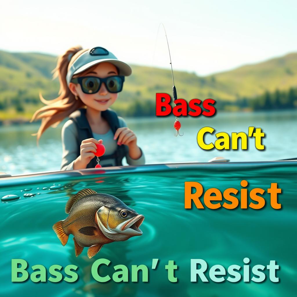 A captivating 3D animated image of a woman fishing for bass at a scenic lakeside